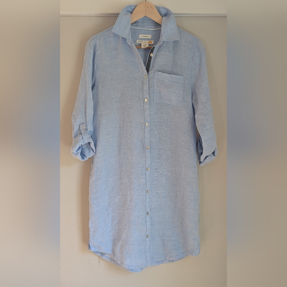 C&C CALIFORNIA Blue Linen Roll Tab Sleeve Contrast Inner Line Shirt Dress Sz XS - Picture 3 of 11